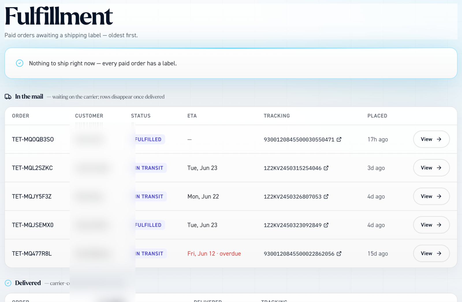 Fulfillment queue — statuses, ETAs, and tracking across the shipping lifecycle