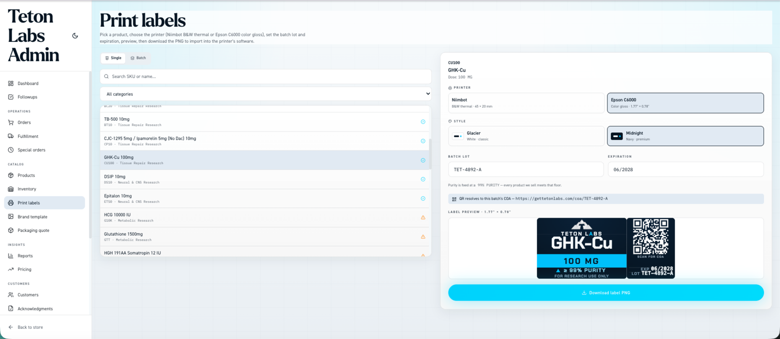 Print labels — vial label preview with batch lot, expiration, and COA QR