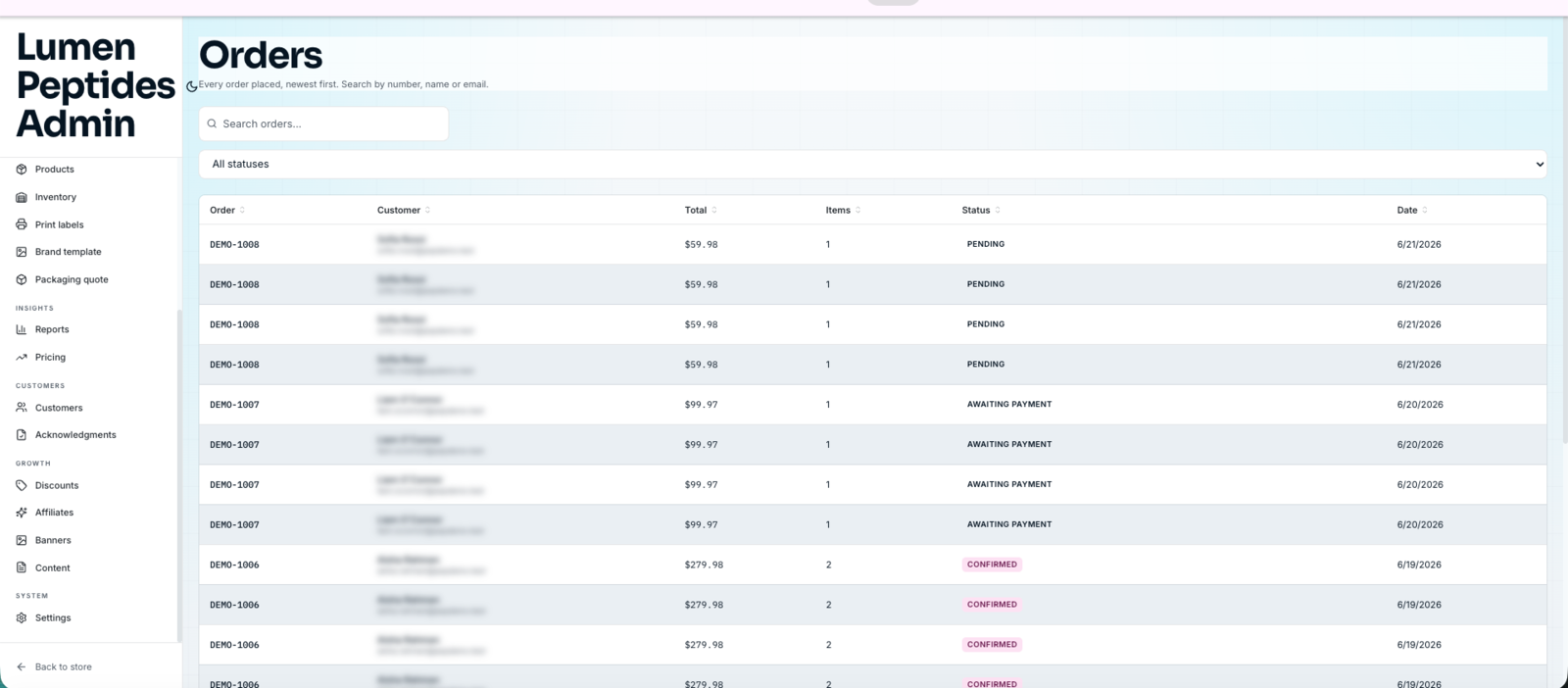 Order ledger — searchable orders with status