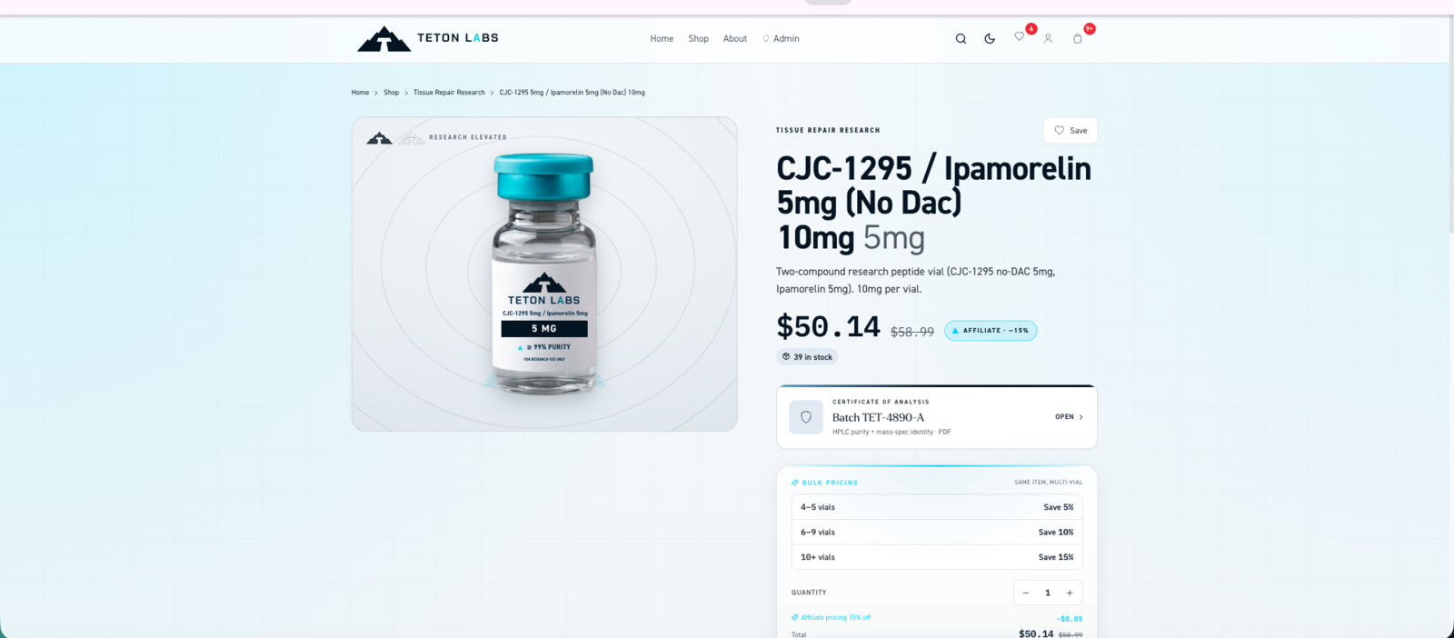 Storefront product page with Certificate of Analysis and bulk pricing